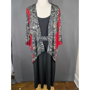 Catherines 2 Pc Maxi Dress Sleeveless & Open Jacket Slinky Size 1X Red Black